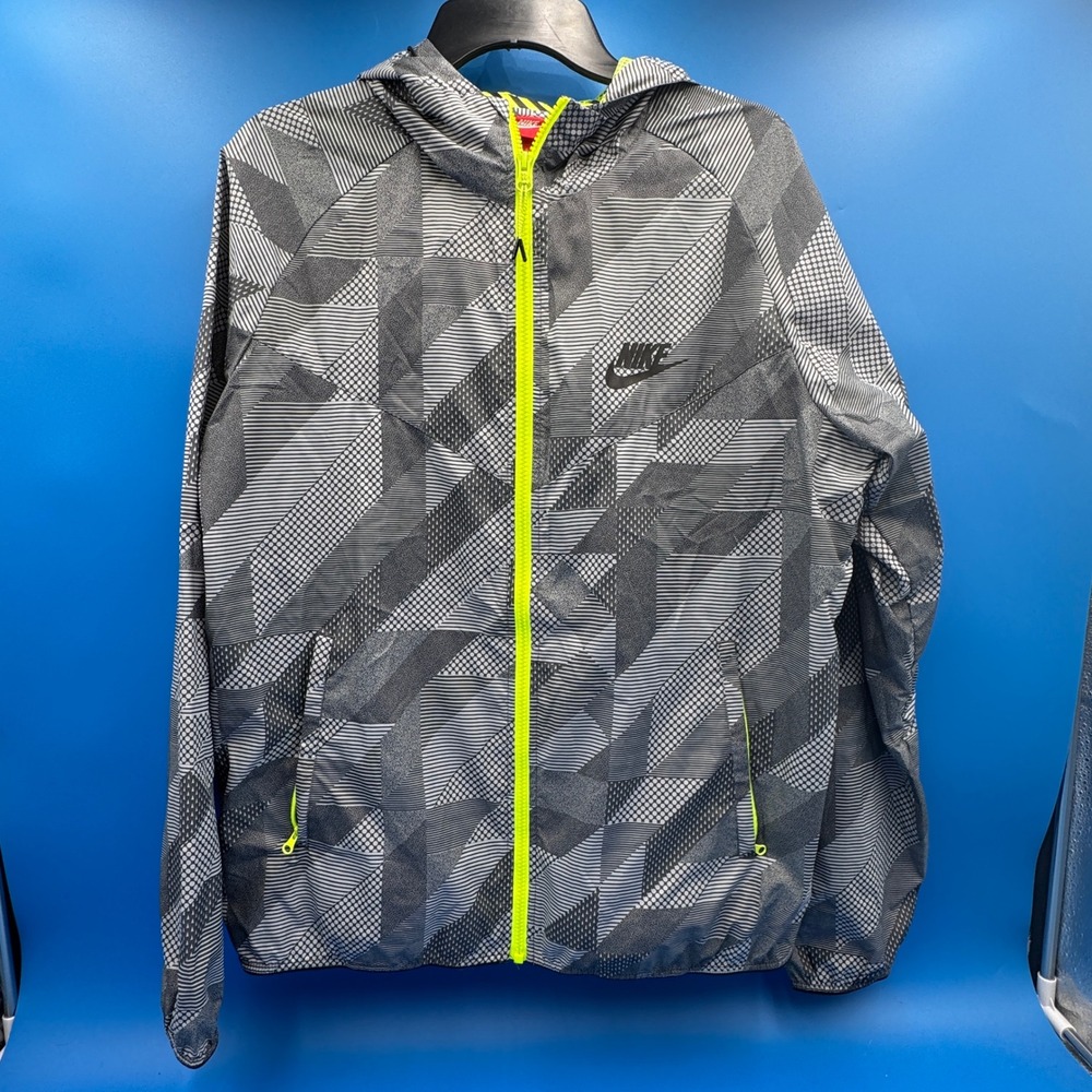 Nike Windrunner Jacket Mens Large Grey Geometric Neon Yellow 687563-012